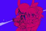  1boy 1girl araimashou earmuffs facial_hair female frown goggles gun handgun kodama_fumika male mintperil monochrome mustache pink purple_background surgical_mask weapon youkai youkai_watch 