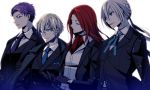  4boys bedivere blonde_hair fate/grand_order fate_(series) formal gawain_(fate/extra) gloves kana_(eisenadler) lancelot_(fate/grand_order) lancelot_(fate/stay_night) multiple_boys neck_ribbon necktie purple_hair redhead ribbon silver_hair suit tristan_(fate/grand_order) 