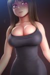  1girl bare_shoulders breasts brown_hair bursting_breasts cleavage highres horiishi_horuto huge_breasts long_hair looking_at_viewer original revision skindentation solo undersized_clothes violet_eyes 