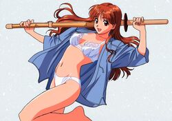  1girl 90s asuka_(viper) bra brown_eyes brown_hair holding katsura_ken&#039;ichirou long_hair navel oldschool open_clothes open_mouth panties shinai solo sword underwear viper viper_ctr weapon 