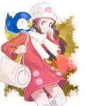  00s 1girl bag blush brown_hair closed_eyes hat hikari_(pokemon) kneehighs looking_at_viewer open_mouth piplup pokemon pokemon_(creature) pokemon_dppt scarf smile zukkin 