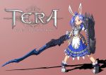 1girl absurdres animal_ears apron armor artist_request blue_dress boots breastplate copyright_name dress elin_(tera) highres lance long_hair polearm purple_hair rabbit_ears shield side_ponytail smile solo tera_online violet_eyes weapon 