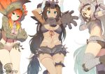  3girls :3 :d aguila aqua_eyes ass back blue_eyes breasts brown_eyes brown_hair cleavage dark_skin fang_out female glasses gloves grey_hair helmet horns long_hair miclas multiple_girls navel open_mouth personification shorts simple_background smile teeth thigh-highs tomioka_jirou ultra_kaijuu_gijinka_keikaku ultra_series very_long_hair white_background windom 