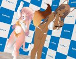  2girls 3d 3d_custom_girl artist_request blue_eyes brown_hair cat closed_eyes dog furry glasses jumping long_hair multiple_girls open_mouth pink_hair sunglasses 