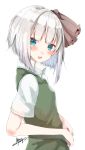  1girl absurdres blue_eyes blush dated from_side hair_ribbon highres konpaku_youmu looking_at_viewer open_mouth ribbon shirt short_hair short_sleeves signature silver_hair simple_background solo touhou upper_body varyu vest white_background 