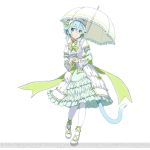  1girl animal_ears blue_eyes blue_hair cat_ears cat_tail dress green_ribbon headdress holding holding_umbrella ribbon shinon_(sao) shinon_(sao-alo) short_hair simple_background solo sword_art_online sword_art_online:_code_register tail umbrella watermark white_background white_dress white_legwear 