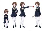  1girl absurdres brown_eyes brown_hair dress flag full_body girls_und_panzer glasses gorget highres holding official_art pantyhose sasagawa_kanon short_hair solo standing uniform white_legwear 