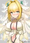 akasakak blonde_hair blush breasts fate/extra_ccc fate/grand_order fate_(series) green_eyes hair_intakes large_breasts long_hair looking_at_viewer navel saber_bride saber_extra smile twitter_username unzipped 