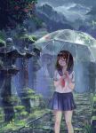  1girl 2016 artist_name blue_skirt brown_eyes brown_hair clouds flower glasses holding holding_umbrella leaf moss original outdoors rain red-framed_eyewear scenery school_uniform serafuku skirt stairs standing stone_lantern teitousensei transparent_umbrella umbrella 