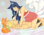  ahri animal_ears baby babydoll bed black_hair blonde_hair crossover fox_ears fox_tail if_they_mated league_of_legends linart lingerie naruto nightgown power_connection riot_games tail trait_connection underwear uzumaki_naruto whisker_markings 