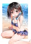  1girl alternate_costume bare_legs bare_shoulders bikini black_hair breasts brown_eyes cleavage frilled_bikini frills haguro_(kantai_collection) hair_ornament highres kantai_collection looking_at_viewer medium_breasts minimaru navel open_mouth ramune sand short_hair solo sweatdrop swimsuit tears water 