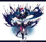  1girl arm_up black_legwear blue_eyes blue_hair book capelet dated doremy_sweet dress full_body gradient gradient_background hat kneehighs letterboxed looking_to_the_side nightcap open_book pom_pom_(clothes) shishi_osamu short_hair smile solo tail touhou upskirt 