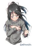  1girl black_hair blue_eyes blue_hair blush breast_conscious breasts ebifurya frown gradient_hair grey_sweater hair_between_eyes hair_ribbon high_ponytail highres kantai_collection katsuragi_(kantai_collection) lips long_hair looking_at_viewer meme_attire multicolored_hair navel open-chest_sweater ponytail ribbed_sweater ribbon simple_background small_breasts sweater tears trembling twitter_username upper_body 