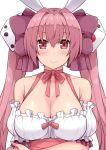  1girl animal_ears bangs bare_shoulders blush bow breasts choker cleavage closed_mouth detached_sleeves di_gi_charat dice dice_hair_ornament frills hair_between_eyes hair_bow hand_on_own_arm hasu_(hk_works) holding_arm large_breasts long_hair looking_at_viewer nail_polish pink_hair puffy_sleeves rabbit_ears red_eyes ribbon ribbon_choker shiny shiny_skin short_sleeves simple_background smile solo twintails underbust upper_body usada_hikaru white_background white_nails 