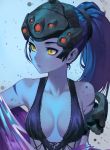  1girl armor blue_hair blue_skin breasts collarbone helmet lingerie lipstick looking_to_the_side makeup overwatch ponytail salmon88 scar small_breasts solo underwear undressing visor widowmaker_(overwatch) yellow_eyes 