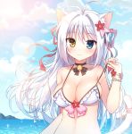  1girl animal_ears bell bell_choker bikini blue_eyes breasts cat_ears choker cleavage heterochromia long_hair looking_at_viewer mauve original smile solo swimsuit white_hair yellow_eyes 