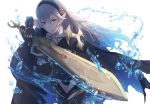  1girl armor dragon_girl fire_emblem fire_emblem_if headband long_hair my_unit_(fire_emblem_if) nintendo pointy_ears red_eyes solo sword water weapon white_hair 