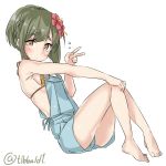  1girl alternate_costume armpits bangs bare_arms bare_legs bare_shoulders barefoot bikini blue_ribbon blush breasts brown_eyes ebifurya eyebrows eyebrows_visible_through_hair flower flying_sweatdrops full_body green_hair hair_flower hair_ornament hand_on_own_knee hand_up highres kantai_collection looking_at_viewer overalls ribbon short_hair short_hair_with_long_locks sideboob sitting small_breasts solo swimsuit takanami_(kantai_collection) twitter_username v white_background 