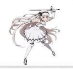  1girl character_request detached_sleeves dress holding holding_sword holding_weapon long_hair looking_at_viewer red_eyes silver_hair simple_background solo sword sword_art_online sword_art_online:_code_register thigh-highs watermark weapon white_background white_dress white_legwear 