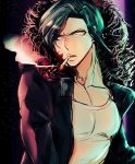  1boy black_background black_hair cigarette coat dangan_ronpa dangan_ronpa_3 fur_trim looking_to_the_side male_focus norita_(eri6m6rie) open_clothes open_coat parted_lips red_eyes sakakura_juuzou smoke smoking star_(sky) tank_top 