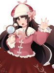 1girl brown_hair cosplay hat houraisan_kaguya kozue_akari long_hair magnifying_glass open_hand open_mouth red_eyes skirt solo tantei_opera_milky_holmes touhou very_long_hair