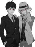  2boys adjusting_clothes adjusting_hat black_hair dangan_ronpa dangan_ronpa_3 facial_hair formal goatee hand_in_pocket hand_on_shoulder hat kirigiri_jin kizakura_kouichi male_focus multiple_boys necktie parted_lips red_eyes simple_background smile smirk spot_color suit waistcoat white_background 