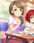  2girls artist_request brown_eyes brown_hair hair_ornament hair_over_shoulder hair_scrunchie idolmaster idolmaster_cinderella_girls long_hair low_ponytail mochida_arisa multiple_girls murakami_tomoe official_art pencil puppet redhead scrunchie short_hair smile violet_eyes 