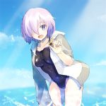  1girl breasts fate/grand_order fate_(series) goya_(xalbino) hair_over_one_eye jacket ocean one-piece_swimsuit open_mouth purple_hair seashell shell shielder_(fate/grand_order) short_hair smile solo swimsuit violet_eyes 