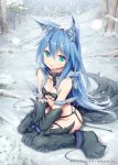  1girl akkijin animal_ears bare_shoulders blue_hair breasts cuffs green_eyes long_hair outdoors paws shackles shinkai_no_valkyrie sidelocks sitting small_breasts snow snowing solo squall_(shinkai_no_valkyrie) tail very_long_hair wariza wolf_ears wolf_tail 