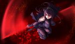  1girl blood blood_splatter bodysuit breasts fate/grand_order fate_(series) gae_bolg hinomoto_madoka large_breasts long_hair motion_blur motion_lines pauldrons polearm purple_hair red_eyes scathach_(fate/grand_order) solo spear veil weapon 