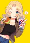  1girl ;) american_flag blonde_hair bomber_jacket cup denim denim_shorts drinking_straw flag_print food food_on_face fuji_fujino fujino_(unajisaiko) girls_und_panzer hamburger heart jacket kay_(girls_und_panzer) one_eye_closed open_clothes open_jacket shorts smile solo spoken_heart tank_top upper_body 