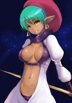  1girl aqua_hair breasts center_opening cleavage copyright_request dark_skin earrings grin hat highres jewelry johan_(johan13) looking_at_viewer luca_(star_gladiator) navel pointy_ears short_hair smile solo staff star_gladiator tears yellow_eyes 