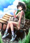  1girl bag bare_shoulders bench black_hair blue_sky blurry blush bracelet brick_wall bush clouds dappled_sunlight day depth_of_field dutch_angle eating floral_print food fubuki_(kantai_collection) full_body glint grass green_shirt green_skirt grey_eyes grey_hat handbag holding holding_food jewelry kantai_collection kneehighs lens_flare licking looking_at_viewer low_ponytail midoriiro_no_shinzou outdoors plant popsicle shirt shoes short_hair sitting skirt sky sneakers solo summer sunlight white_legwear white_shoes 