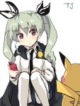  10s 1girl amano_kouki anchovy black_cape black_necktie cape drill_hair girls_und_panzer green_hair hair_between_eyes hair_ribbon hand_on_own_knee long_hair long_sleeves looking_at_viewer necktie pantyhose pikachu pokemon pokemon_(creature) pokemon_go red_eyes ribbon shirt twin_drills twintails uniform white_shirt 