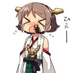  &gt;_&lt; 1girl bare_shoulders brown_hair closed_eyes detached_sleeves hairband headgear hiei_(kantai_collection) japanese_clothes kanikama kantai_collection lowres nontraditional_miko plaid plaid_skirt ribbon-trimmed_sleeves ribbon_trim short_hair simple_background skirt stag_beetle tears white_background 