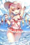 1girl arm_up armpits bikini blonde_hair blue_sky flandre_scarlet gluteal_fold hat highres looking_at_viewer open_mouth outdoors papo red_bikini red_eyes sketch sky smile solo sun_hat sunlight swimsuit thigh_gap touhou water wings wrist_cuffs 
