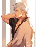  1boy artist_name gintama hair_slicked_back hand_in_hair japanese_clothes kanapy looking_at_viewer male_focus profile red_eyes sakata_gintoki silver_hair solo upper_body 