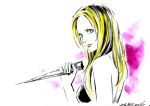  1girl blonde_hair buffy_summers buffy_the_vampire_slayer commentary_request dagger dated forehead from_side green_eyes hayama_jun&#039;ichi lips marker_(medium) solo traditional_media weapon 