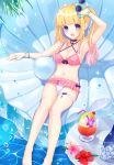  1girl :d armpits bangle barefoot bikini blonde_hair blue_eyes blush bracelet breasts glasses head_tilt holding inflatable_raft jewelry long_hair looking_at_viewer navel open_mouth original pink_swimsuit ring sitting smile solo sparkle sunglasses swimsuit thigh_gap tied_hair twintails usamito 