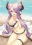  1girl bikini blue_eyes braid breasts demon_horns doraf embarrassed granblue_fantasy haik hair_over_one_eye hair_over_shoulder highres horns large_breasts long_hair looking_at_viewer low-tied_long_hair low_twintails midriff narumeia_(granblue_fantasy) navel open_mouth pointy_ears purple_hair single_braid sitting swimsuit tied_hair twintails wavy_mouth white_bikini 