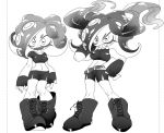  2girls belt bike_shorts boots breasts cross-laced_footwear fingerless_gloves gloves greyscale lace-up_boots large_breasts monochrome multiple_girls seaweed shirt sizma splatoon standing t-shirt takozonesu tentacle_hair 