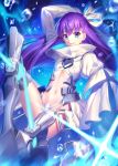  1girl arm_up armor armored_boots bangs blue_eyes blurry boots depth_of_field fate/extra fate/extra_ccc fate_(series) flat_chest fuyuki_(neigedhiver) hair_ribbon half_updo hands_in_sleeves highres juliet_sleeves knee_up long_hair long_sleeves looking_at_viewer meltlilith navel parted_lips puffy_sleeves purple_hair ribbon smile solo thighs very_long_hair white_ribbon 