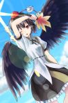  1girl akidzuki_haruhi arm_up black_hair black_wings blue_sky blush clouds dutch_angle hat looking_at_viewer one_eye_closed open_mouth pom_pom_(clothes) puffy_sleeves red_eyes shameimaru_aya shirt short_hair short_sleeves skirt sky solo sunlight sweatdrop tokin_hat touhou wings 