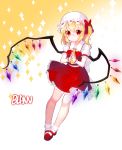  1girl artist_name ascot blann blonde_hair bobby_socks crystal fingers_together flandre_scarlet full_body gradient gradient_background hat hat_ribbon highres looking_at_viewer mary_janes miniskirt mob_cap puffy_short_sleeves puffy_sleeves red_eyes ribbon sash shirt shoes short_hair short_sleeves side_ponytail skirt skirt_set socks solo sparkle touhou vest white_legwear wings wrist_cuffs 