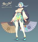  1girl bare_shoulders blade_&amp;_soul blue_eyes blue_hair blush bow breasts cleavage company_name curvy detached_sleeves fan female full_body hair_bow holding julia_(blade_&amp;_soul) kim_hyung_tae korean_clothes large_breasts legs long_legs looking_at_viewer matching_hair/eyes open_mouth platform_shoes short_hair solo standing tassel thigh-highs white_legwear wide_hips 