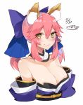  1girl animal_ears bad_id bad_twitter_id bare_shoulders blush bow breasts brown_eyes cleavage collarbone commentary_request dated detached_sleeves fate/extra fate/grand_order fate_(series) fox_ears fox_tail hair_bow hair_ribbon highres japanese_clothes kou_mashiro large_breasts long_hair looking_at_viewer pink_hair ribbon signature simple_background smile solo tail tamamo_(fate)_(all) tamamo_no_mae_(fate) twintails white_background yellow_eyes 