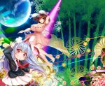  2girls age_switch animal_ears bamboo bamboo_forest bandaid bangs barefoot beam blazer breasts brown_hair bunny_tail cleavage clenched_teeth collared_shirt dress earth erect_nipples floating floating_hair flower forest glowing_nipples grass hair_between_eyes hand_behind_head heart inaba_tewi jacket kuro_mame large_breasts lavender_hair legs looking_at_viewer multiple_girls nature necktie older pink_dress pleated_skirt pointing puffy_short_sleeves puffy_sleeves rabbit_ears red_eyes red_necktie reisen_udongein_inaba ribbon-trimmed_dress shiny shiny_hair shirt short_dress short_sleeves skirt smile space spinning_top tail taut_clothes taut_dress tearing_up teeth thighs toes touhou waist white_shirt younger 