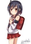  1girl artist_name backpack bag black_hair blush detached_sleeves highres japanese_clothes kantai_collection looking_at_viewer miniskirt nontraditional_miko p.k.f pleated_skirt randoseru red_eyes short_hair shy signature skirt white_clothes yamashiro_(kantai_collection) younger 