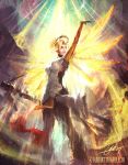  1boy 1girl absurdres arm_up backlighting bastion_(overwatch) blonde_hair blue_eyes bodysuit breasts cowboy_shot genji_(overwatch) glowing glowing_wings high_ponytail highres holding_staff large_breasts light_beam lips long_hair looking_up mechanical_halo mechanical_wings mercy_(overwatch) narutocuhh overwatch pantyhose parted_lips ponytail resurrection signature solo_focus spread_wings staff watermark web_address wings 