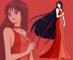  1girl bishoujo_senshi_sailor_moon black_eyes black_hair choker dress expressionless flower full_body hino_rei lisginka long_hair looking_to_the_side princess_mars projected_inset red red_background red_dress red_rose rose signature solo standing very_long_hair 